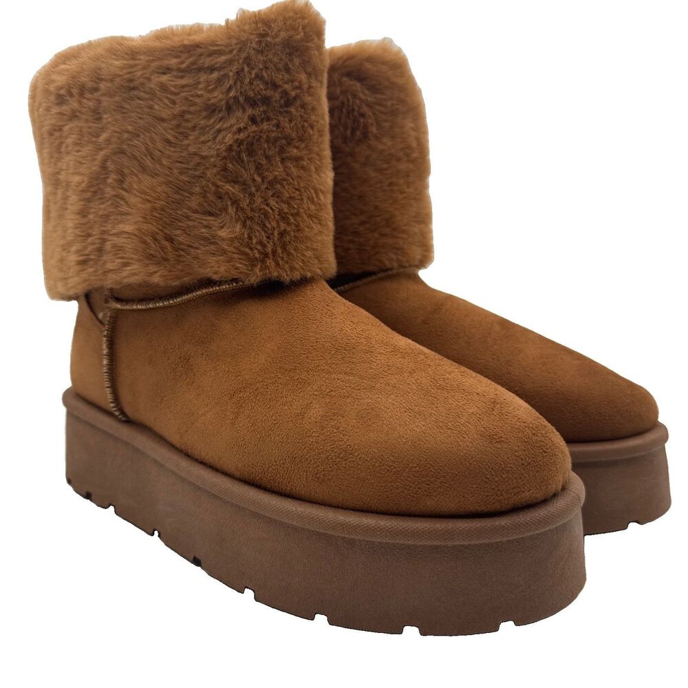NEW Bamboo Women’s Chestnut Brown Faux Fur Trim Pull On Platform Boots Size 10